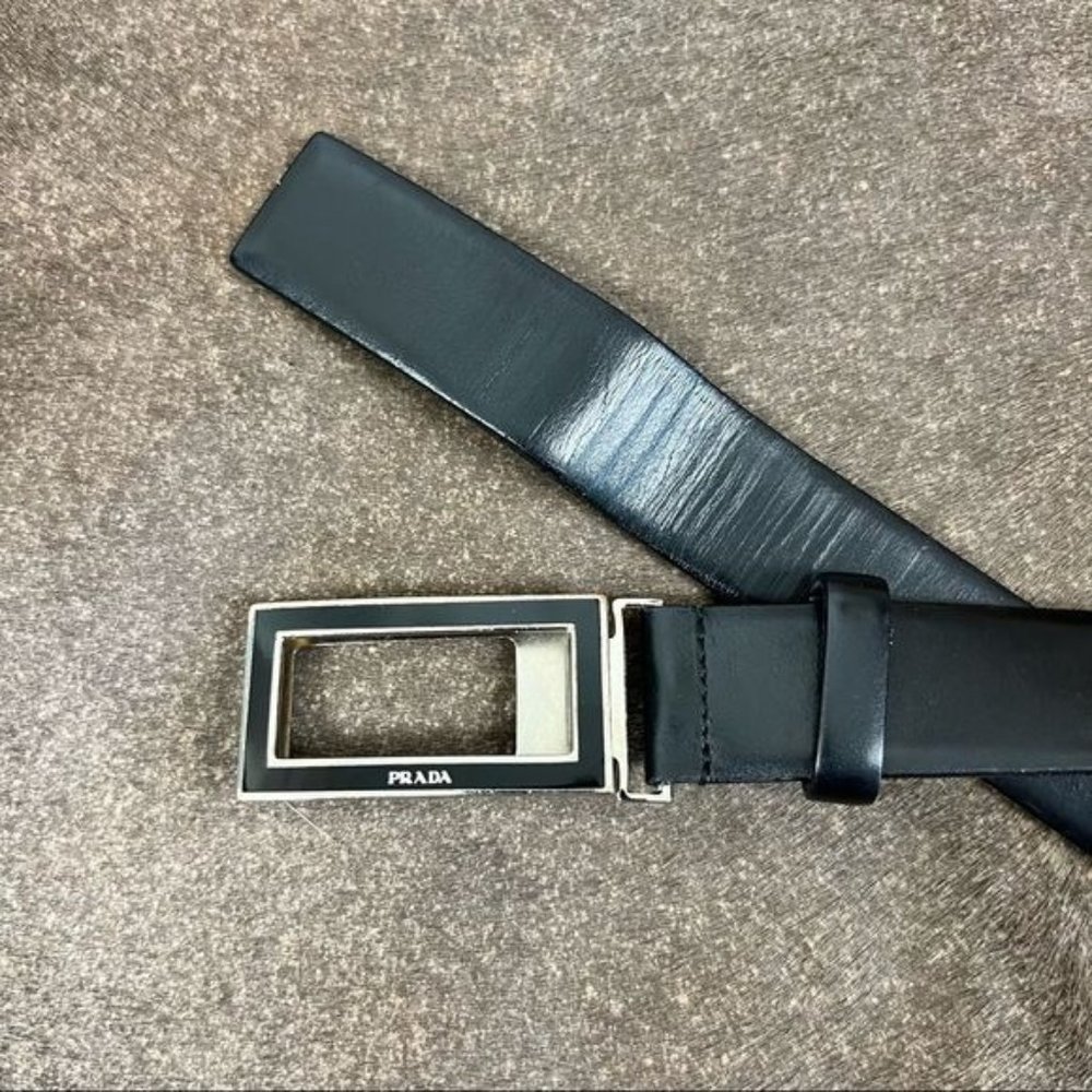 PRADA Enamel Silver Frame Slide Leather Belt